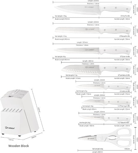 Edena 15pc White Kitchen Knife Set - Built-in Sharpener Block