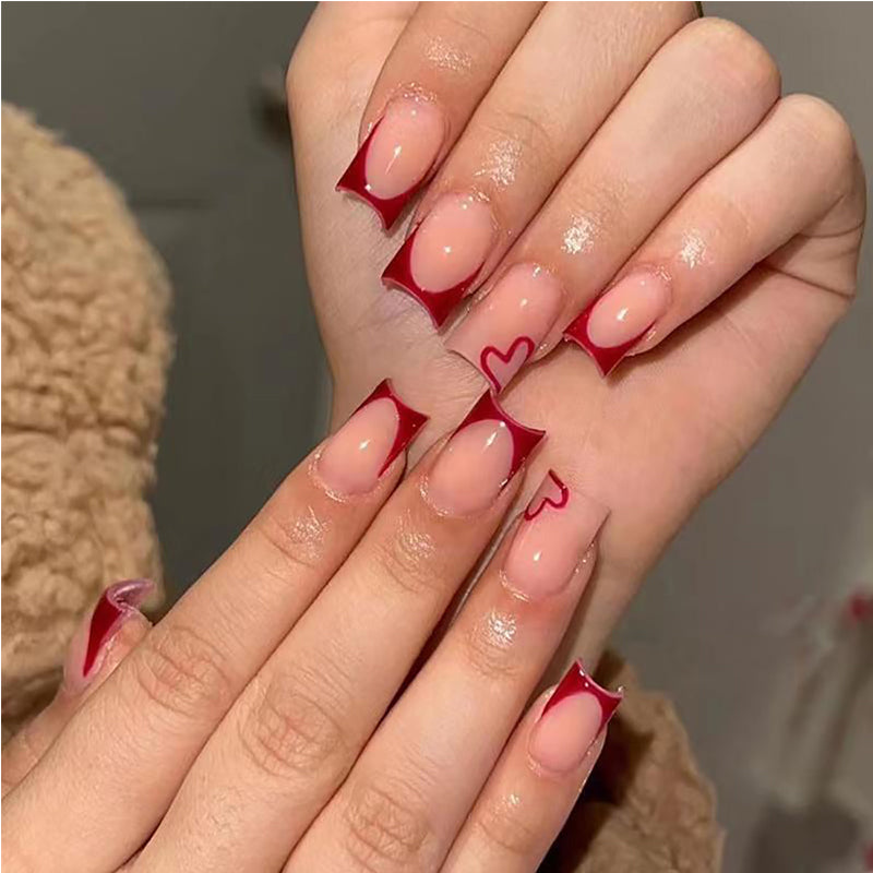 Edena Valentine's Heart Press-On Nails - Wine Red French Tip Set
