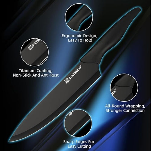 Edena 16 Pieces Kitchen Knife Block Set With Cutting Board, German Stainless Steel Knife Set With Sharpener, Dishwasher Safe, Anti-Slip Handle, 6 Steak Knives, Black